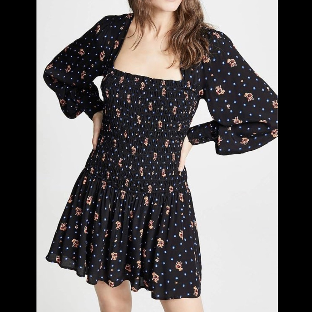 Free People Two Faces Black Smocked Long Sleeve Mini Dress Floral Stars Size S
